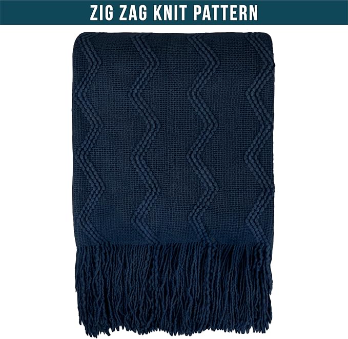 PAVILIA Navy Blue Knit Throw Blanket for Couch, Twin Bed, Soft Knitted Farmhouse Sofa Throw for Living Room, Lightweight Decorative Summer Blanket for Chair, Outdoor Textured Boho Blanket, 60x80