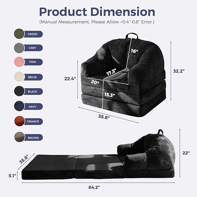 MAXYOYO Folding Sofa Bed with Backrest, Boneless Fold Out Couch Bed with Handle, 2 in 1 Convertible Bean Bag Chair to Floor Sofa Lounger, Comfy Folding Couch for Bedroom & Living Room, Black