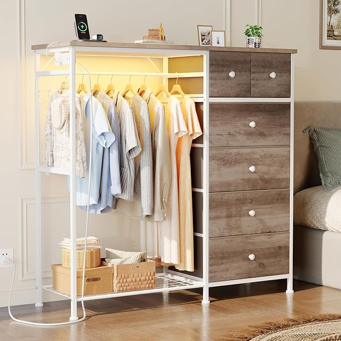 DUMOS Dresser for Bedroom with Hanging Rack, 6 Drawer Fabric Dresser with Charging Station and LED Lights, Closet Organizer & Storage Tower for Living Room, Entryway, Apartment, Oak Greige - Image 2