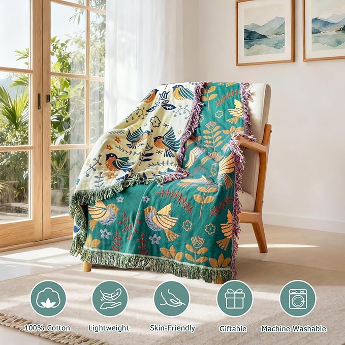 Boho Throw Blanket - 100% Cotton Soft Throw Blanket for Bed, 60"x80" Reversible Breathable Lightweight Spring Blankets, All Seasons Farmhouse Decor Floral Plant Throw Quilt