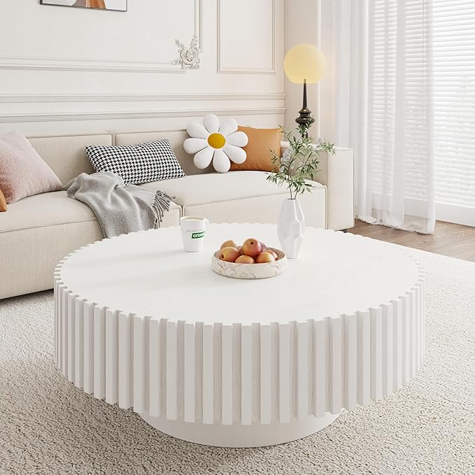39.37" White Round Coffee Table Wood, Modern Unique Circle Coffee Table, Contemporary Drum Fluted Coffee Table Accent End Side Table Center Table for Living Room, Small Space, Apartment