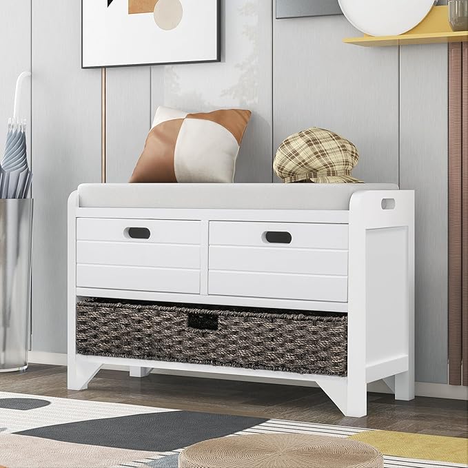 SOFTSEA Storage Bench with Drawers and Basket, Farmhouse Shoe Bench with Seating and Cushion for Hallway Entryway Living Room, Full Assembled (White Wash-2 Drawers) by SOFTSEA