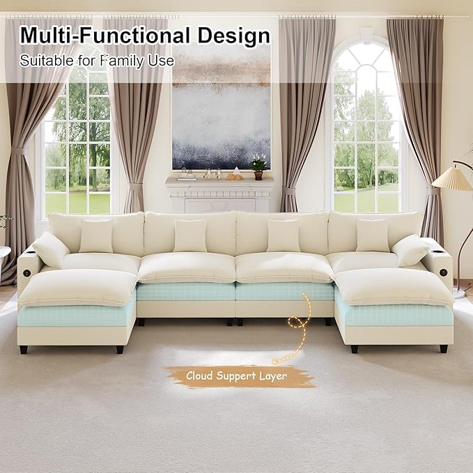 152" Modular Sectional Sofa, U Shaped Cloud Couch with Movable Ottoman, Chenille Deep Seat Cloud Sofa with Charging Station, Cup Holder, Side Pocket, Sectional Couches for Living Room, Beige