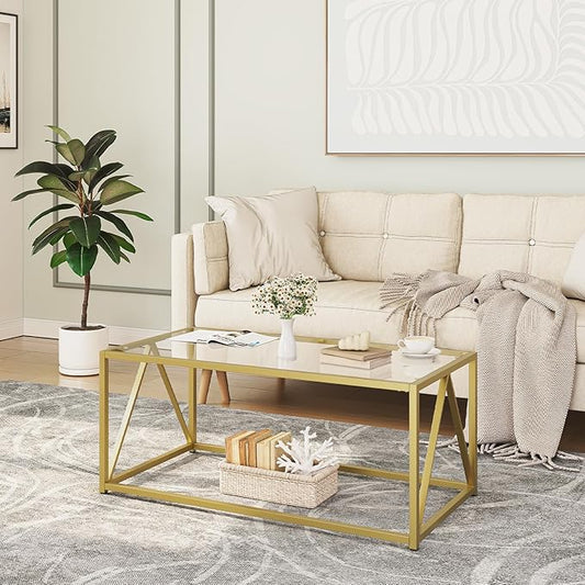 HOOBRO Glass Coffee Table, Gold Coffee Tables for Living Room, Gold Glass Coffee Table,1 Layer Center Table, Modern, for Apartment, Office, 39.4 x 19.7 x 17.7 Inches, Easy Assembly, Golden GD04KF01