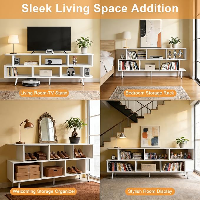 Lightdot 65 Inch TV Stand, up to 75 Inch TVs, Large Storage for Collection with 8 Open Shelves, Sturdy Media Console Table for Living Room/Entrance/Kitchen/Sofa Cabinet, Easy Assembly, White - Image 8