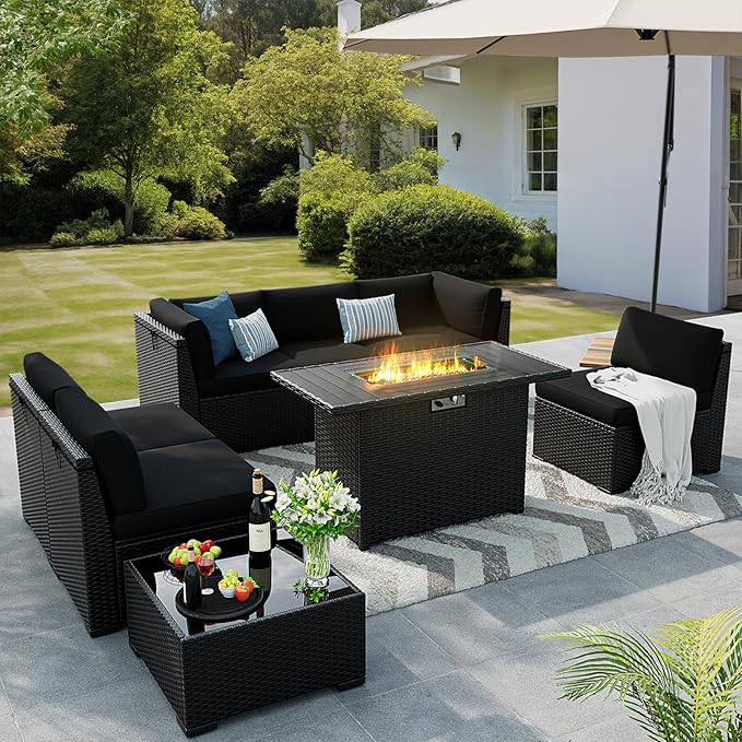 8 Pieces Outdoor Patio Furniture Set with 44" Fire Pit Table Black Rattan Sectional Conversation Sets w/Gas Fire Pit, Coffee Table, 1 Waterproof Covers, Black