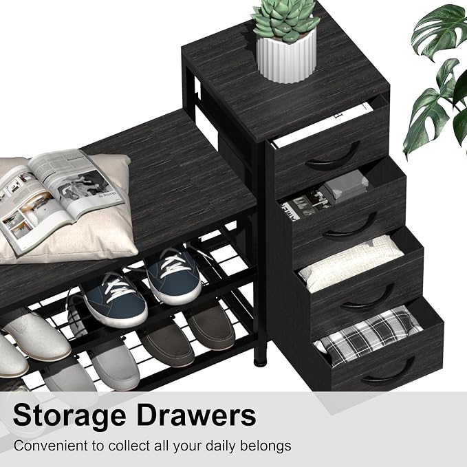 EXOTICA 3 Tier Entryway Bench Shoe Storage Bench with 4 Fabric Drawers Metal Frame and Wooden Board Shoe Rack Bench with Seat for Entryway Hallway Front Door Doorway - Image 4