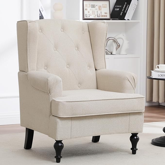Accent Chair for Living Room, Mid Century Modern Upholstered Armchair, Wingback Chair with Tufted High Back and Solid Legs, Comfy Single Sofa Side Chairs for Bedroom, Khaki