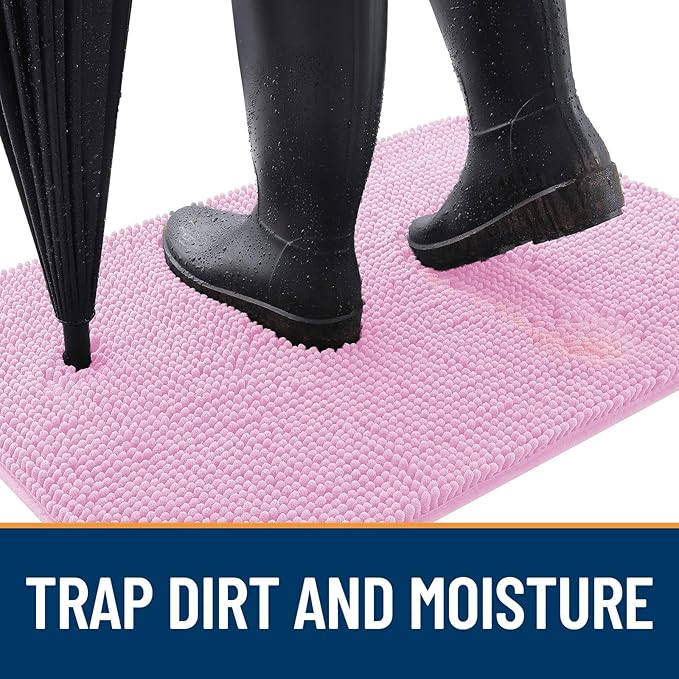 OLANLY Dog Door Mat for Muddy Paws 32x20, Absorbs Moisture and Dirt, Absorbent Non-Slip Washable Doormat, Quick Dry Chenille Mud Mat for Dogs, Entry Indoor Entryway Carpet for Inside Floor, Pink - Image 2