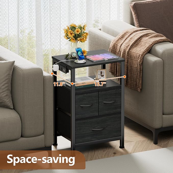 Furnulem Black Nightstand with Wood Shelf, Bed Side Table with Led Light and Charging Station, 25.8 Inch End Table with 3 Fabric Storage Drawers, Small Night Stand for Bedroom Furniture - Image 5