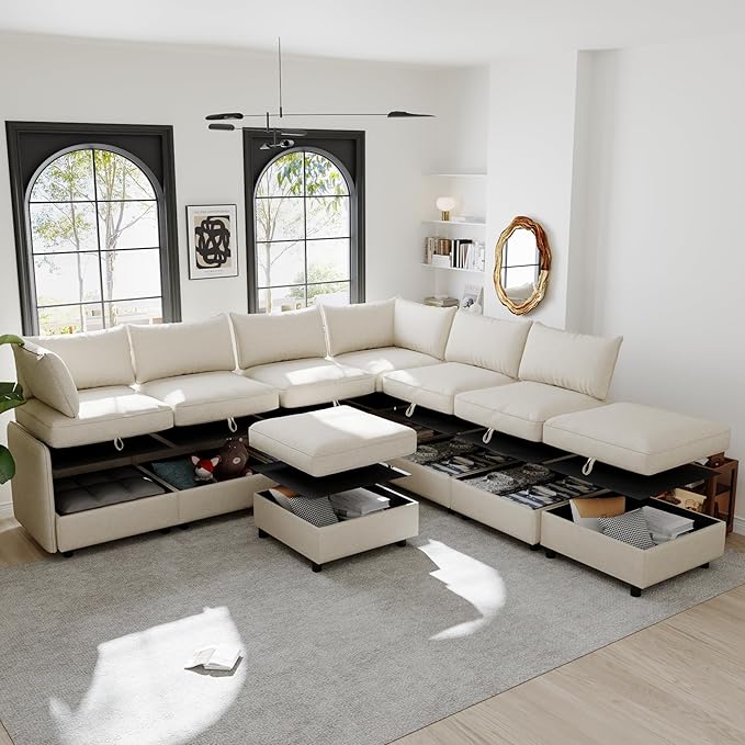 Oversized 8 Seater Modular Storage Sectional Sofa Customizable Seating Group Sofa&Couch Convertible Sleeper Sofabed W/Movable Ottoman & Seat, U-Shaped Chenille Upholstered Sofa Couch for Living Room