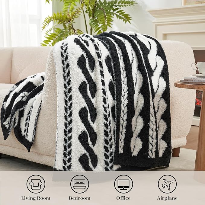 Amélie Home Knit Throw Blanket for Couch, Super Soft Fuzzy Cozy Throw, Giftable Knitted Blanket for Women Men, Birthday, Sofa Bed Living Room Decor, 50" x 60", Cable Black & White