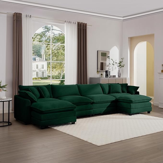 KEIKI 150" U-Shaped Oversized Corduroy Modular Sectional Sofa with 2 Ottoman, High-Density Foam Cushions, Removable Armrests, Upholstered 4-Seater Corner Couch with 6 Pillow, for Living Room, Green