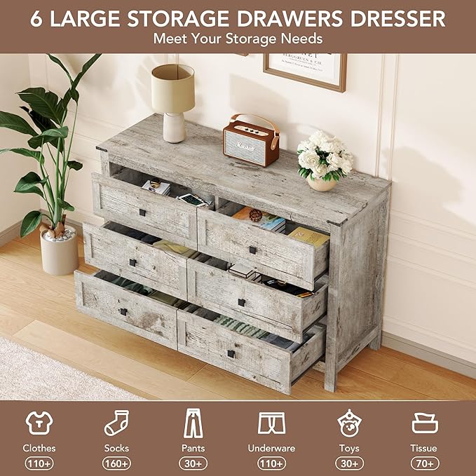 EazeHome 3 Piece Bedroom Set - Includes 6 Drawer Dresser for Bedroom, Set of 2 Nightstands with Open Storage Shelf and Drawers, Retro Dresser and Nightstand Sets, Gray