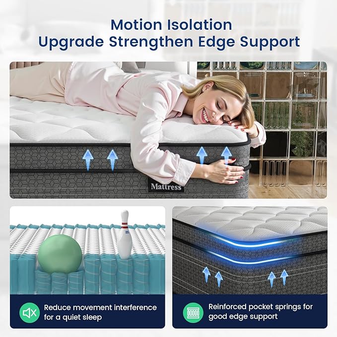 Ruoysun Queen Mattress, 14 Inch Medium Firm Hybrid Queen Size Mattress in a Box, Strong Edge Support, Motion Isolation, with 7-Zones Pocket Springs, Fiberglass-Free, Pressure Relief, CertiPUR-US