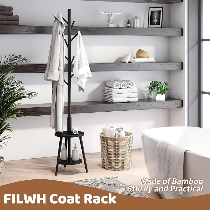 FILWH Freestanding Coat Rack with Umbrella Organizer Tray Bamboo Coat Tree Rack with 8 Hook Stand for Clothes Bag Hats Entryway Hanger Stand(Black) - Image 4
