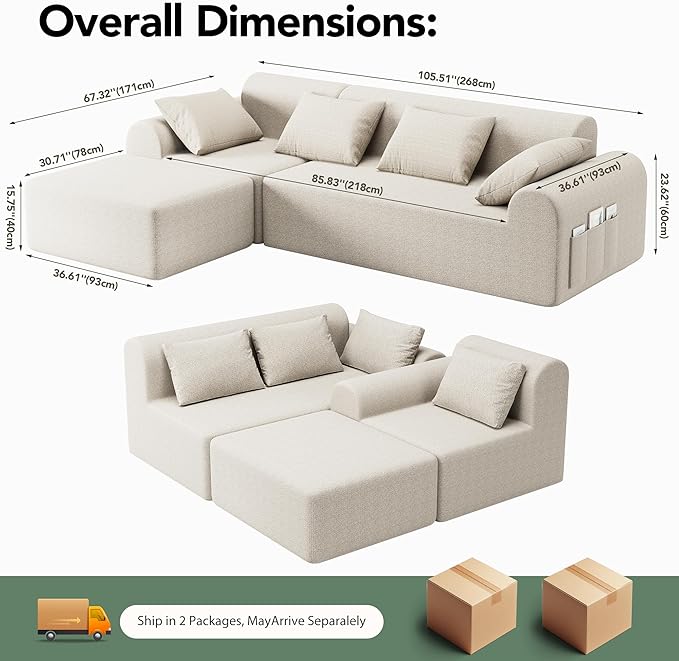 105.5” Cloud Modular Sectional Sofa, No Assembly Deep Seat L-Shaped Chenille Couch with Ottoman & 4 Pillows, 4-Seater for Living Room, Beige