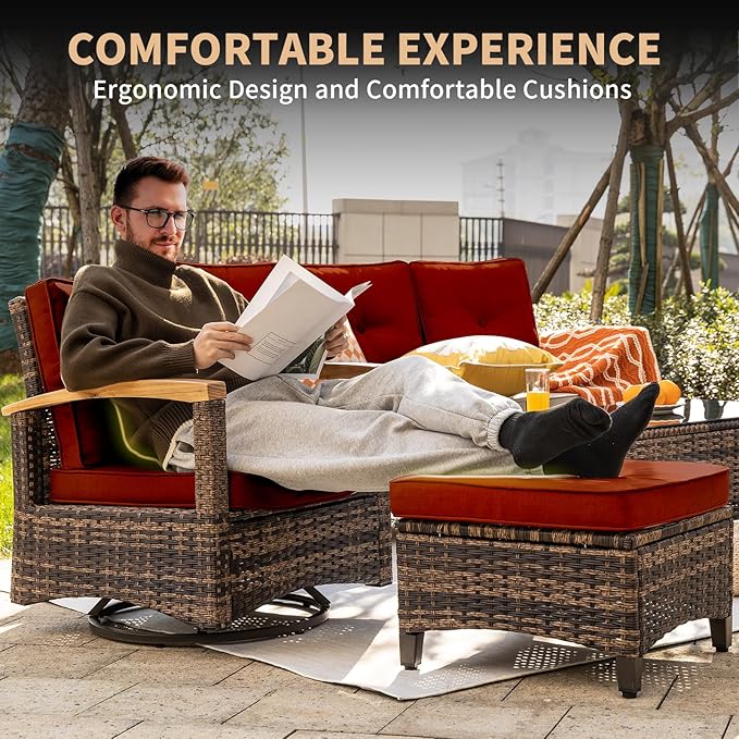 MEISSALIVVE 7 Pieces Patio Furniture Sets, PE Wicker Outdoor Conversation Sets with 2 Wood Armrests Swivel Rocker Chairs, 2 Ottomans, 2-seat Sofa and Dining Table (Red)