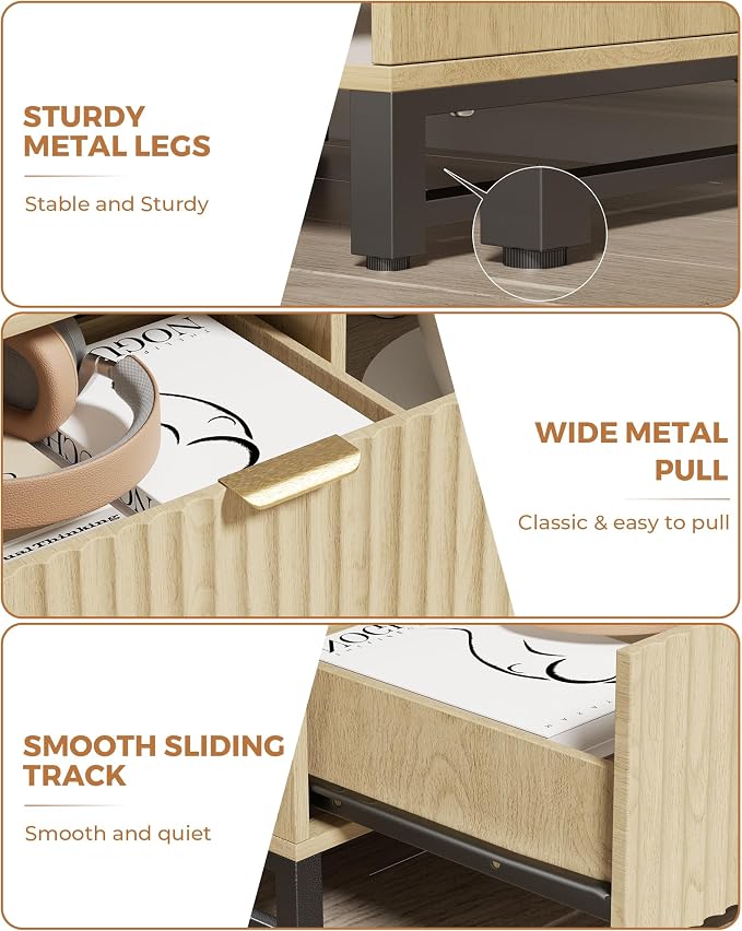 Fluted Night Stand with Charging Station, Wood Nightstand with Large Drawer and Open Storage Cabinet, Mid-Century Modern Bedside Table End Table for Bedroom Closet Office - Image 6