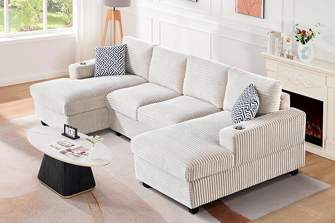 124-Inch Symmetrical Sectional Couch Corduroy Cloud Cushion Upholstered Sofas, U- Shaped Modular Sectional Sofa with Cup Holders and 2 Chaise Lounges for Living Room