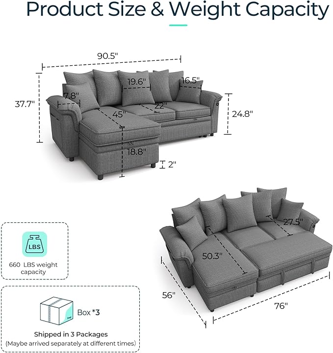 LINSY HOME 90.5'' Sectional Sleeper Sofa with Pull Out Couch Bed Modular (Gray, 90.5'') | USB Charging, Pillow-style Armrest, Multiple Cushions, Storage Chaise, Corduroy Fabric