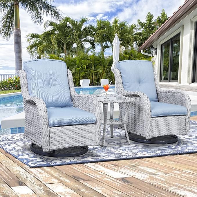 Rilyson Wicker Rocking Chair Swivel Chairs – 6 Piece Rocker Patio Furniture Set Rattan Rocking Bistro Sets with Glass Top Side Table for Outdoor Porch Deck Garden Backyard(Light Grey/Sky Blue)