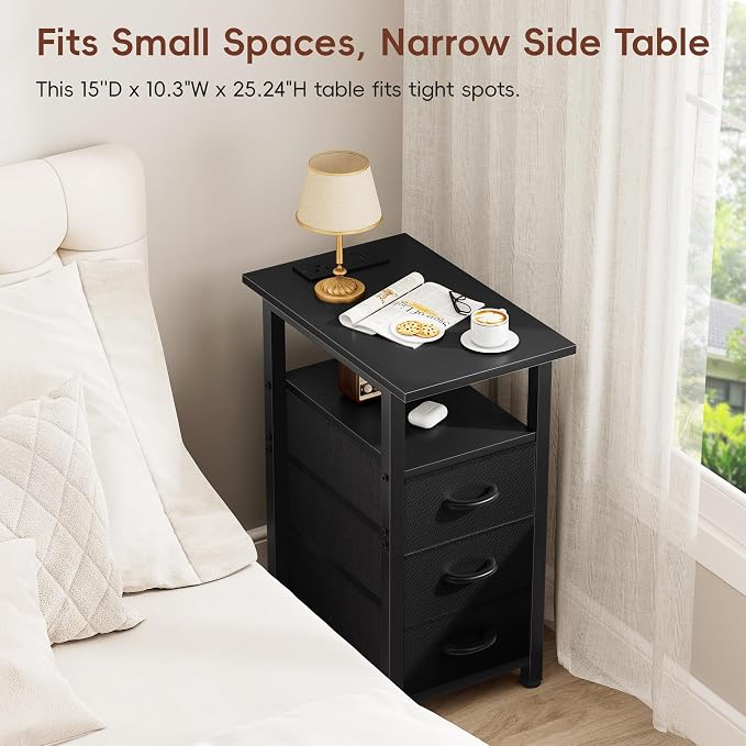 Vagusicc Set of 2 Black Nightstand with Charging Station and LED Lights, Narrow End Table, LED Night Stand with 3 Fabric Drawers for Bedroom, Small Bedside Table, Narrow Side Table for Small Spaces - Image 7