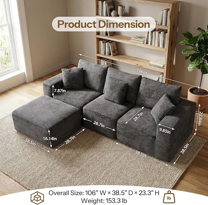 Life Balance Modular Sectional Sofa for Living Room, 106 Inch L-Shape 4-Seat Couches with Chaise, Modular Design Easy to Assemble, Cloud Soft Fabric, Grey(Sherpa Fabric)