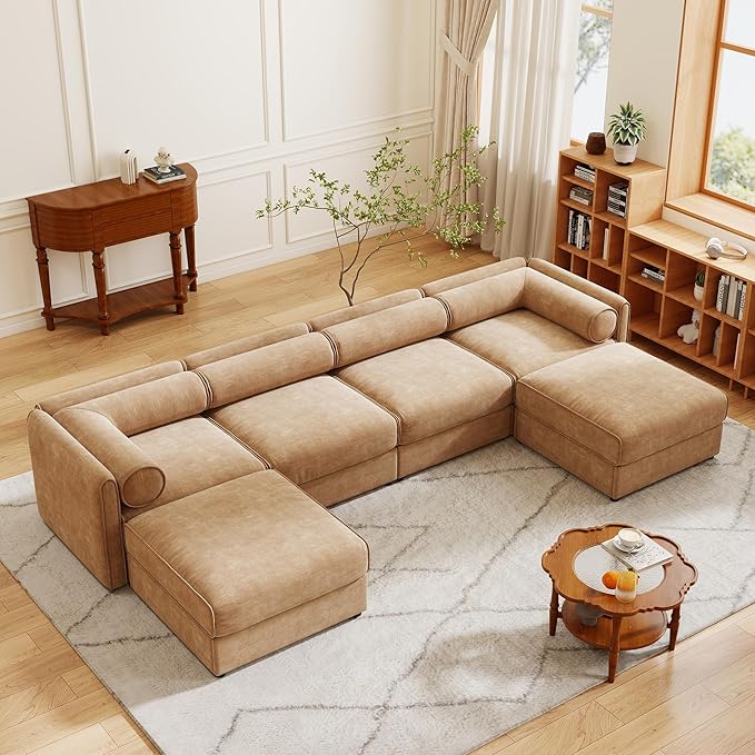 KEIKI 143" U-Shaped Modular Chenille Sectional Sofa with Storage Seat, 2 Ottoman, Modern Style 4-Seater Couch with Cylindrical Backrest and Armrests, Easy Assembly, for Apartment, Living Room, Camel
