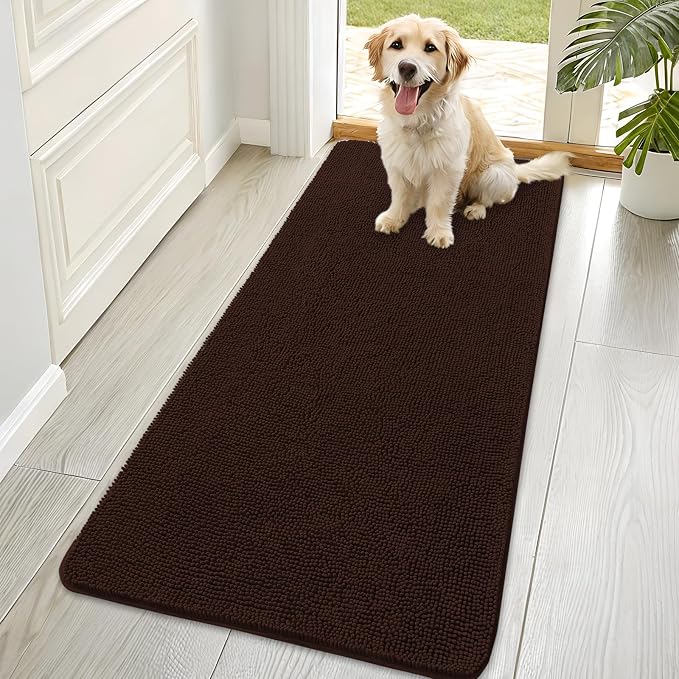 OLANLY Dog Door Mat for Muddy Paws 70x35, Absorbs Moisture and Dirt, Absorbent Non-Slip Washable Doormat, Quick Dry Chenille Mud Mat for Dogs, Entry Indoor Entryway Carpet for Inside Floor, Brown by OLANLY
