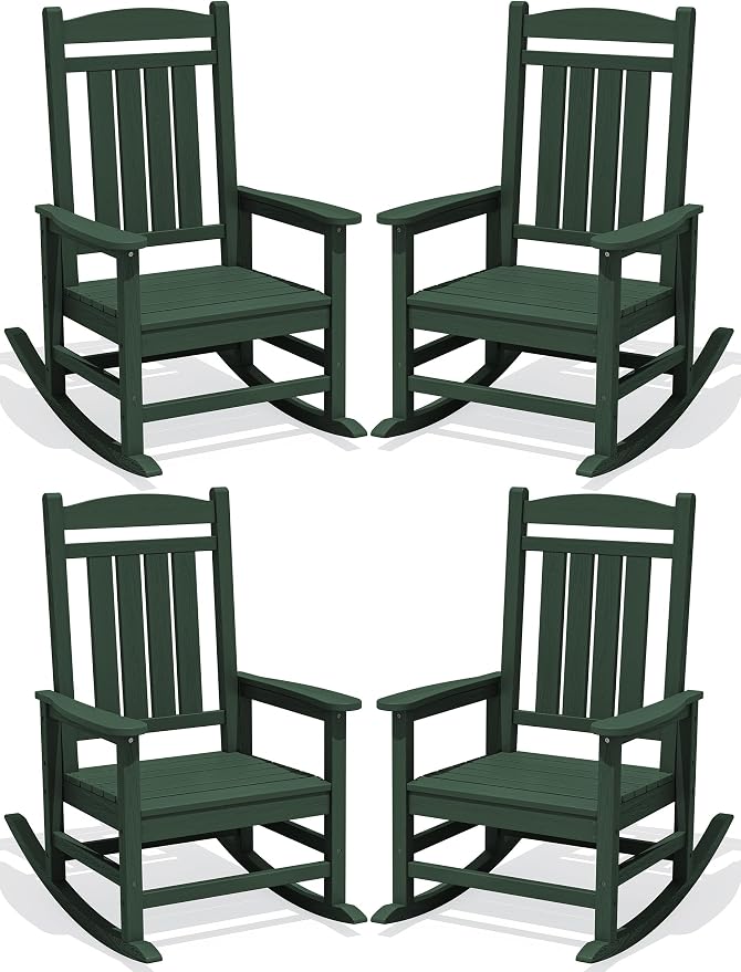 KINGYES Oversized HDPE Outdoor Rocking Chair Set of 4, All-Weather Patio Rocking Chair, Weather Resistant Porch Rocker for Adults, Dark Green by KINGYES