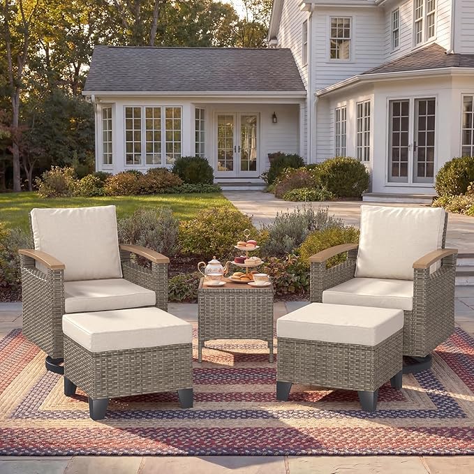 MELLCOM 5 Piece Outdoor Chairs Set- Patio Furniture Set withSide Table and 2 Ottoman, Swivel Glider Chair Set for Balcony, Porch