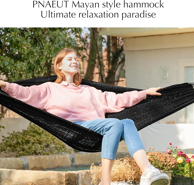 PNAEUT Handwoven Mayan Hammock, Thick Soft Rope Double Hammock for Outdoor Outside & Indoor, 600 lbs Capacity Heavy-Duty, Includes Tree Straps, Carabiners & Carrying Bag (Sombra Negra, X-Large) - Image 3