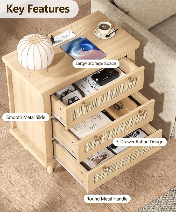 Keehusux Night Stand with 3 Large Storage Drawers, 26.8" H Rattan Nightstand with Charging Station, Boho Bedside Table with Round Handles, Wooden End Table for Bedroom, Natural Oak KES008MECTG - Image 4
