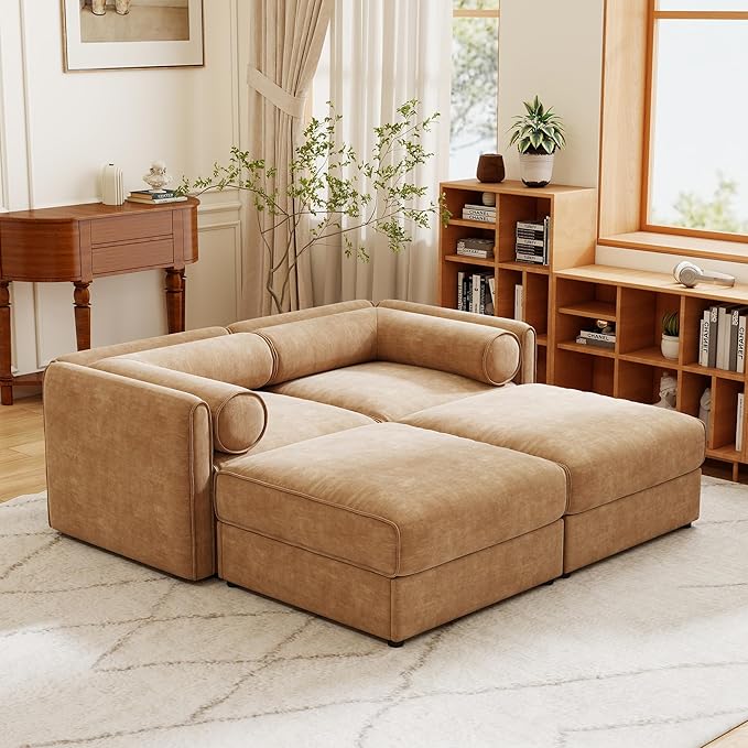 KEIKI 76" Modular Loveseat Chenille Sectional Sofa with Storage Seat and 2 Ottoman, Modern Style 2-Seater Couch with Cylindrical Backrest and Armrests, Easy Assembly, for Apartment, Living Room, Camel