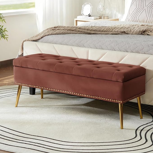 HULALA HOME Modern Velvet Storage Ottoman Bench with Gold Base & Nailhead Trim, Upholstered Bedroom Bench for End of Bed, Button-Tufted Footstool for Entryway Living Room Dining Room, Burn Brick by HULALAHOME