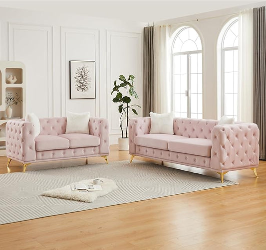 KEIKI 2-Piece Luxury Chesterfield Sofa Set with 1 Velvet 3-Seater Sofa & 1 Loveseat Sofa, Mid-Century 5-Seater Tufted Button Couch Set with 4 Pillow & High-Density Foam Cushion, for Living Room, Pink