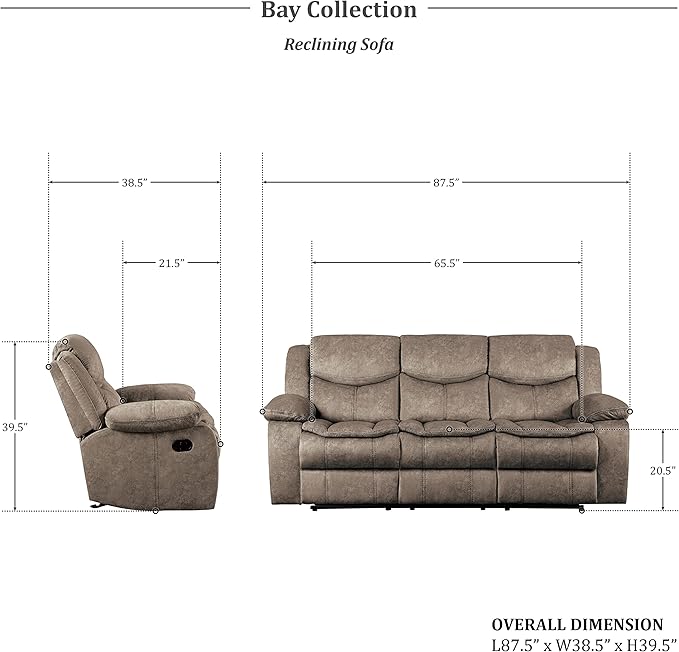 Lexicon Bay Manual Reclining Living Room Sofa Set, 3-Piece, Brown