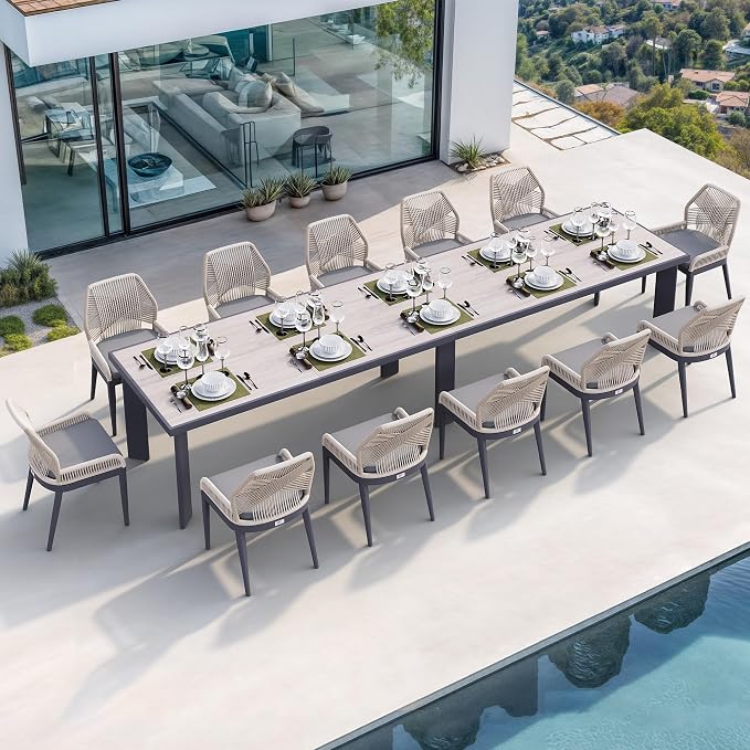 PURPLE LEAF 13 Pieces Patio Dining Set Aluminum Rectangular Table and Wicker Chairs with Cushions for Kitchen Porch Garden Modern Outdoor Furniture Sets, Beige and Dark Grey by PURPLELEAF