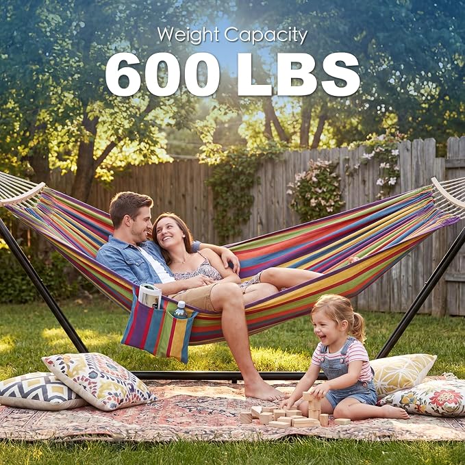 GAFETE Double Hammock with Stand for Outside, Upgraded Spreader Bar, Heavy Duty Space Saving Steel Stand 2 Person, Side Pockets, Easy Assembly, 600lbs Weight Capacity, Indoor & Outdoor (Classic Red) - Image 2