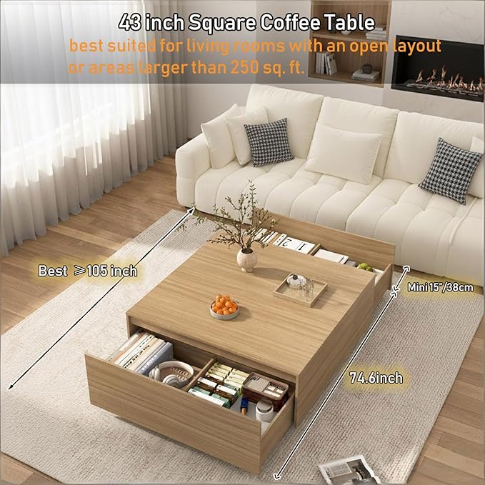 43 Inch Large Square Coffee Table with Storage,Modern Wooden Coffee Table with 2 Drawers Storage for Living Room,Mid Century Tea Table/Aesthetic Coffee Tables Center Table for Home Office(Oak)
