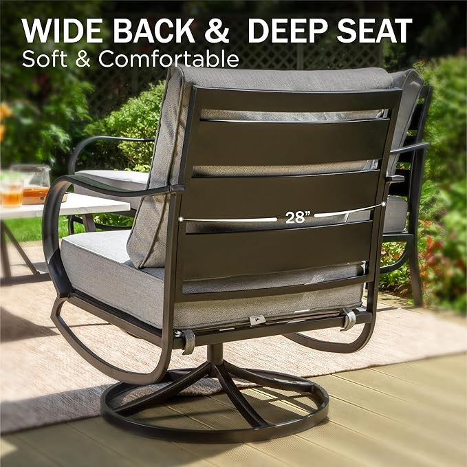 PHI VILLA 4 Piece Patio Furniture with Metal FirePit Table, 1 x 3-Seat Wide Deep Seating Bench & 2 x Swivel Sofa Chairs, 5.75" Thick Cushioned Outdoor Furniture Conversation Set for 5, Grey