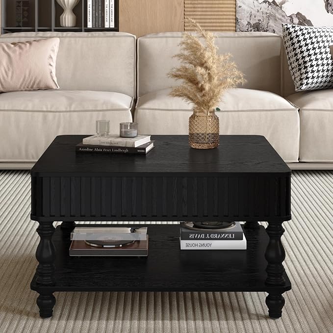 31.5" Square Lift Top Coffee Table with Storage Modern Fluted Coffee Tables with Lifting Top, Farmhouse Solid Wood Center Table with Table Legs for Living Room, Apartment or Office (Black)