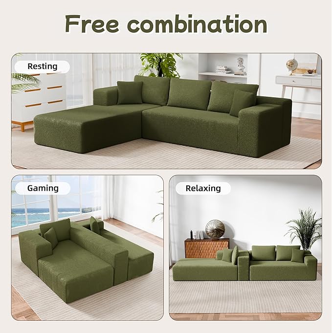 Cloud Sectional Couch, 105” Fluffy Modular L-Shape Sofa with Right Chaise Lounge, Modular Sectional Sofa in a Box, Boneless Couch for Living Room, No Assembly Required, Wool Green