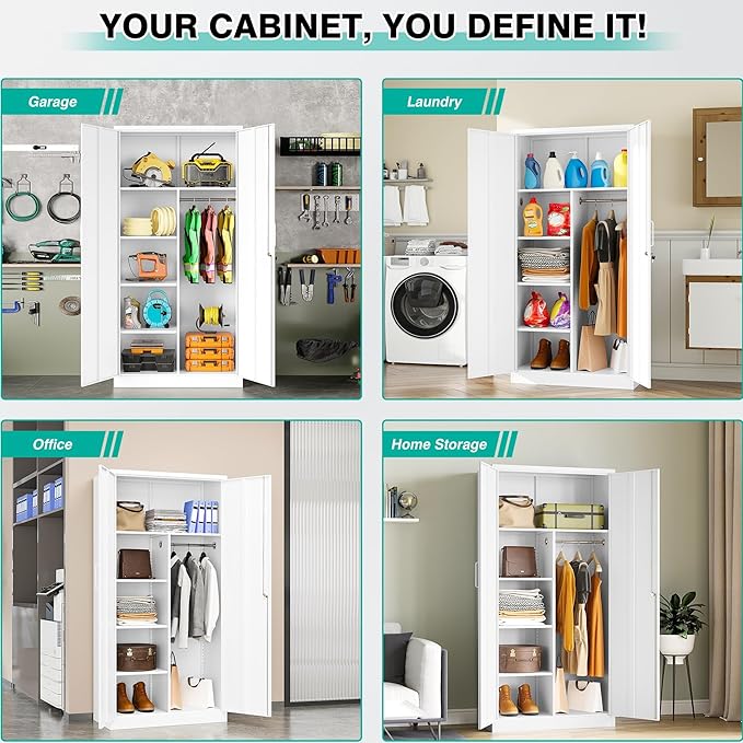 White Wardrobe Cabinet with Lock and Hanging Rod,72" Armoire Closet with Shelf,Lockable Storage Locker,Metal Storage Cabinet with Locking Doors,Steel Wardrobe for Home,Bedroom,Office,Employee,Shop