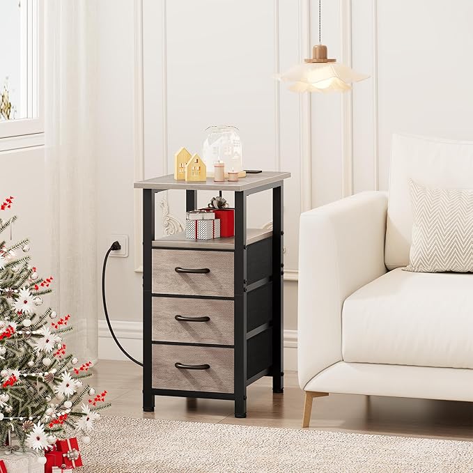 Vagusicc Night Stand with Charging Station, Narrow Nightstand with U-S-B Ports and Outlets, End Table with 3 Fabric Storage Drawers, Small Bedside Table, Greige - Image 2