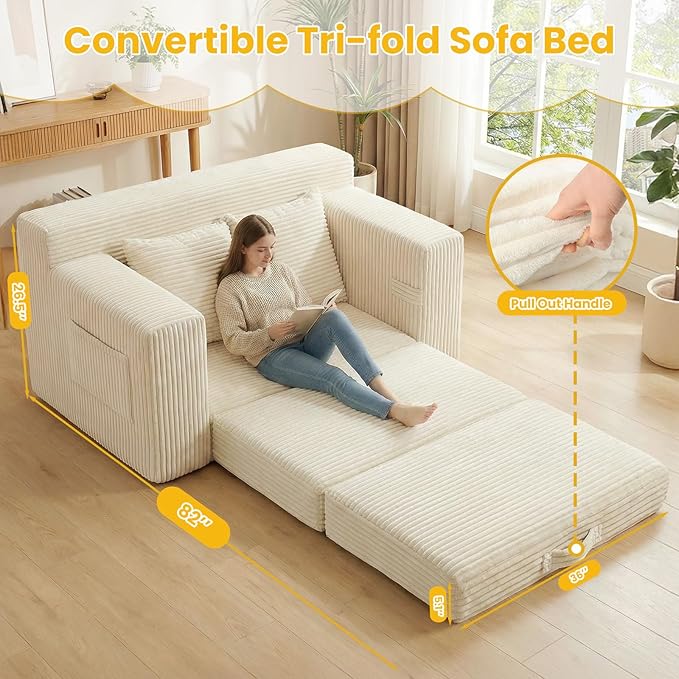 Boneless Loveseat Sleeper Sofa Bed: 3-in-1 Convertible Sofa Bed with Side Pockets & Handle,Pull Out Couch with 2 Pillows,Folding Futon for Small Space,Living Room & Bedroom,Corduroy Fabric,No Assembly