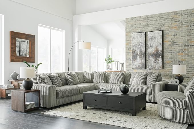 Signature Design by Ashley Lindyn Contemporary Oversized Accent Chair with 360-Degree Swivel, Feather Blend Throw Pillows, Corded Fabric, Gray