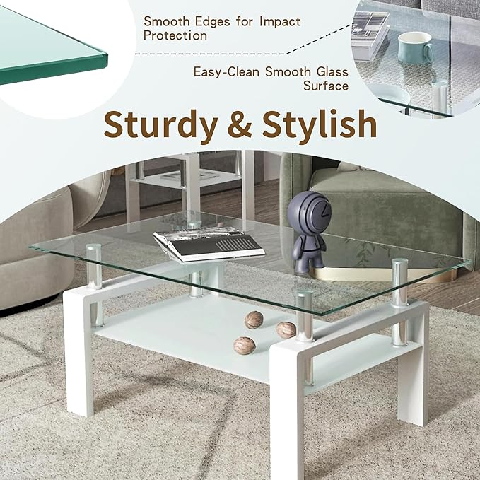 39.4'' Rectangle Glass Coffee Table, White Coffee Table with Tempered Glass & Metal Legs, 2-Tier Modern Center Table with Storage Shelf, Clear Glass Coffee Tables for Living Room, Apartment, Office