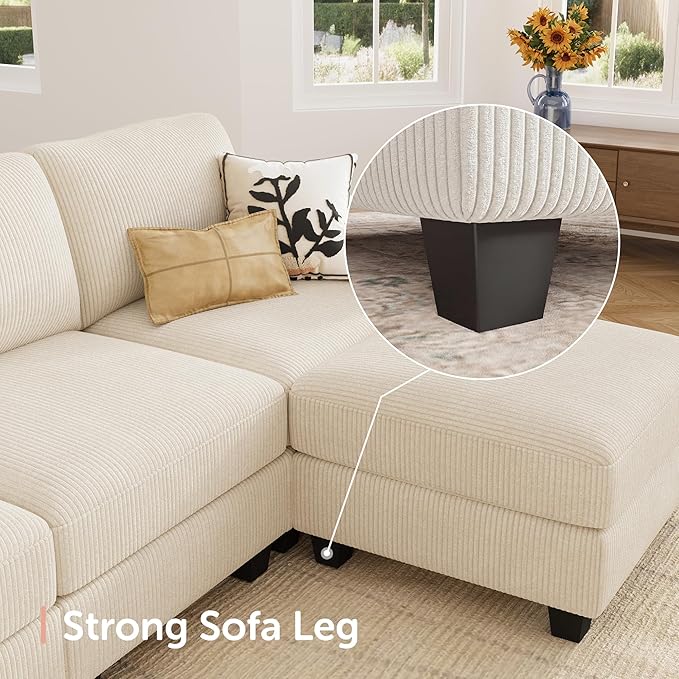 HONBAY Modern Corduroy Ottoman Module Sofa, 28.4 Inch Square Ottoman Bench with Storage, Beige